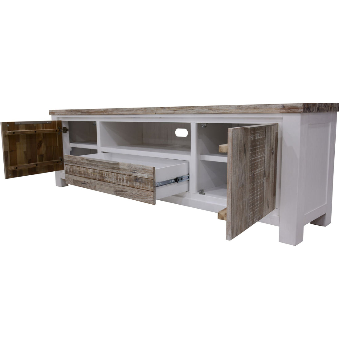 Plumeria Entertainment TV Unit 210cm 2 Door Solid Acacia Timber - White Brush