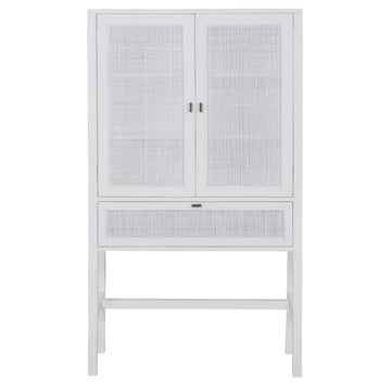 Jasmine Tall Storage Cabinet 90cm 2 Door 1 Drawer Mindi Wood Rattan - White