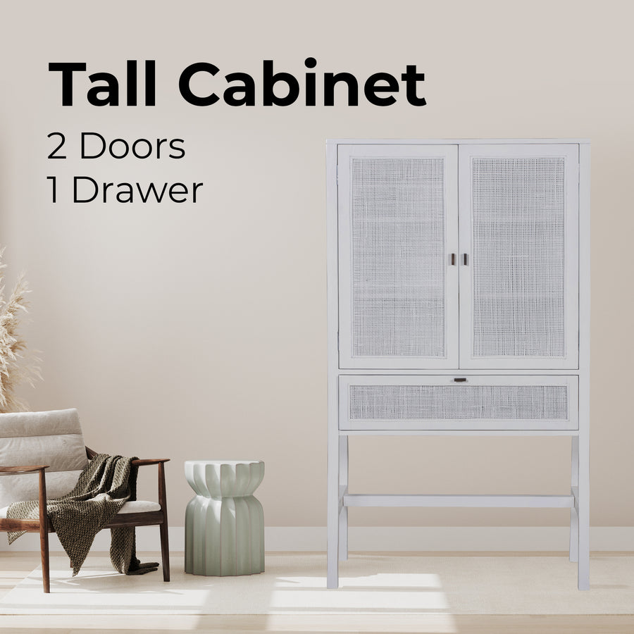 Jasmine Tall Storage Cabinet 90cm 2 Door 1 Drawer Mindi Wood Rattan - White