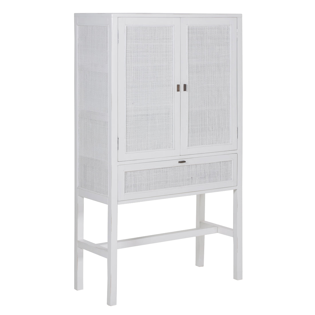 Jasmine Tall Storage Cabinet 90cm 2 Door 1 Drawer Mindi Wood Rattan - White