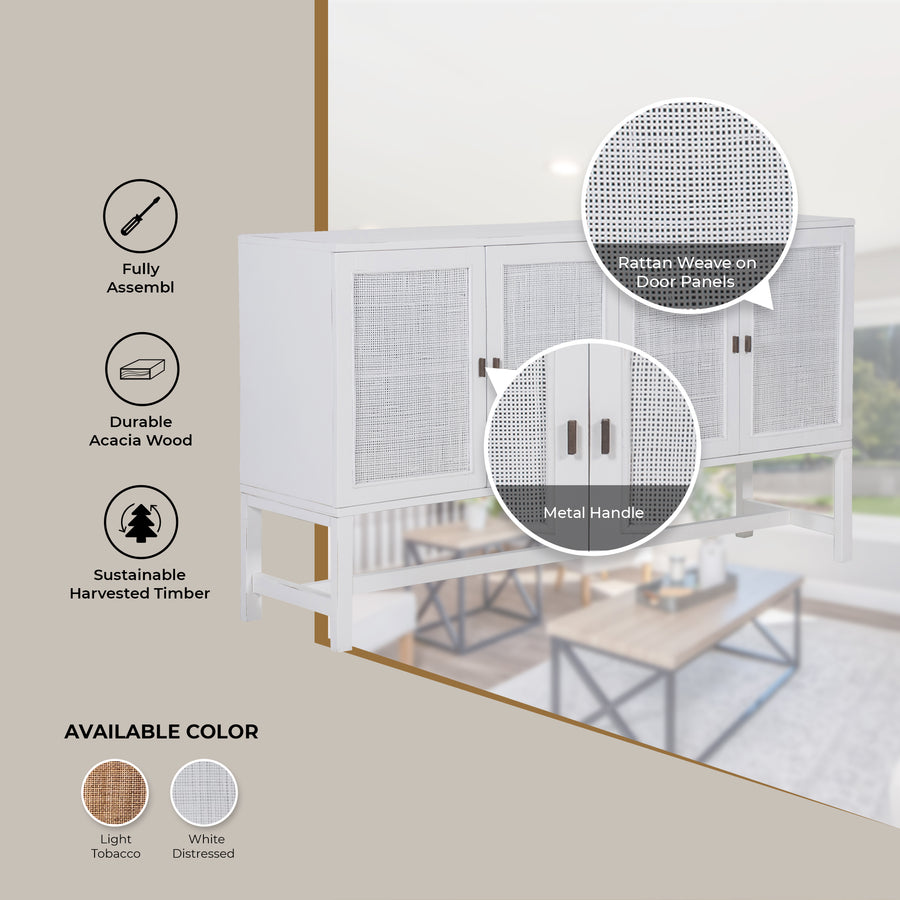 Sideboard Buffet Table 160cm 4 Door Mindi Wood Rattan - White