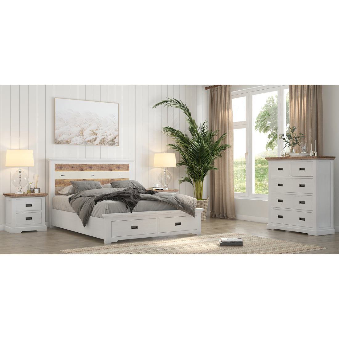 Orville 4pc Queen Bed Frame Suite Bedside Tallboy Furniture Package - Multi Color
