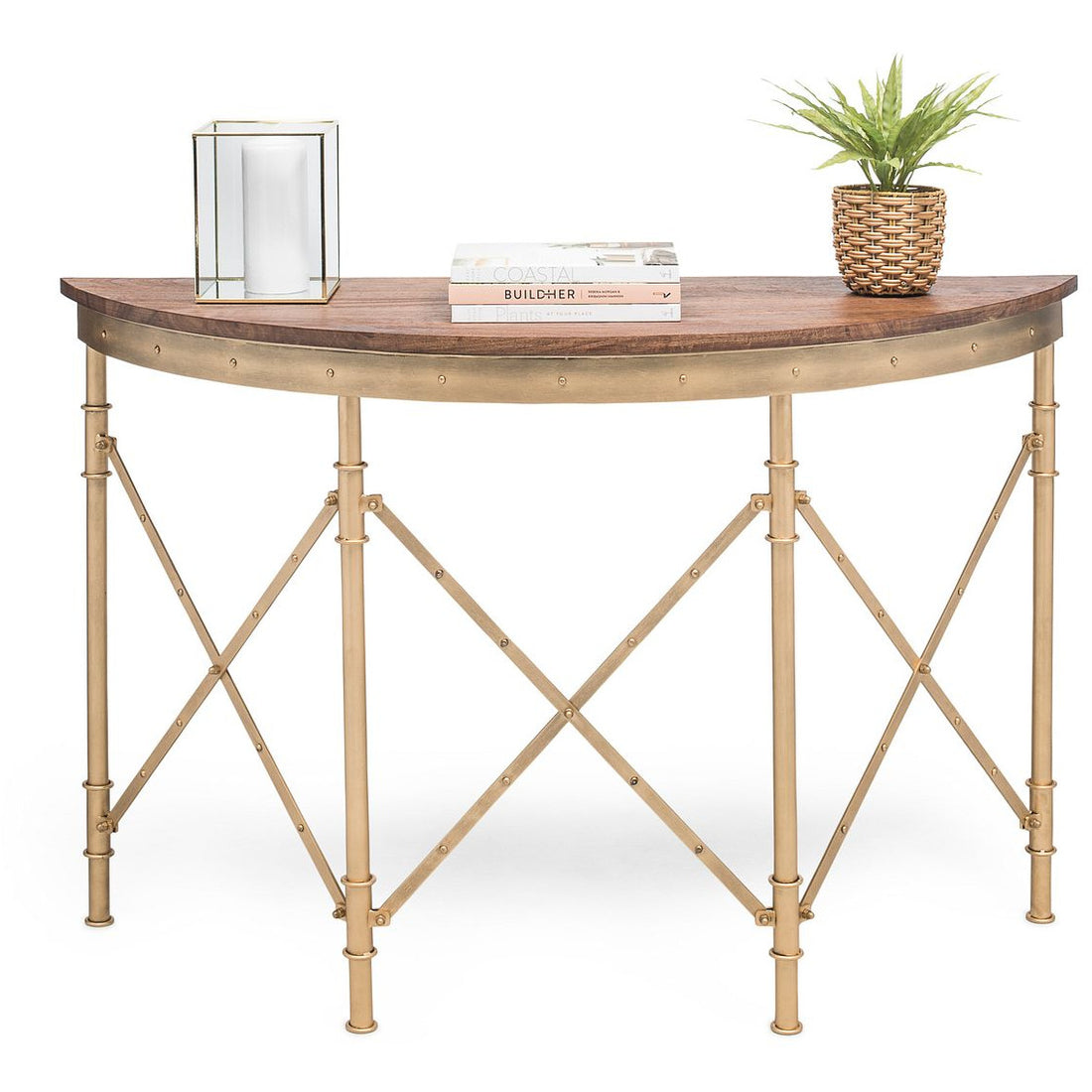 Wooden Hallway Console Table Half Round Shape in French Brass Finish