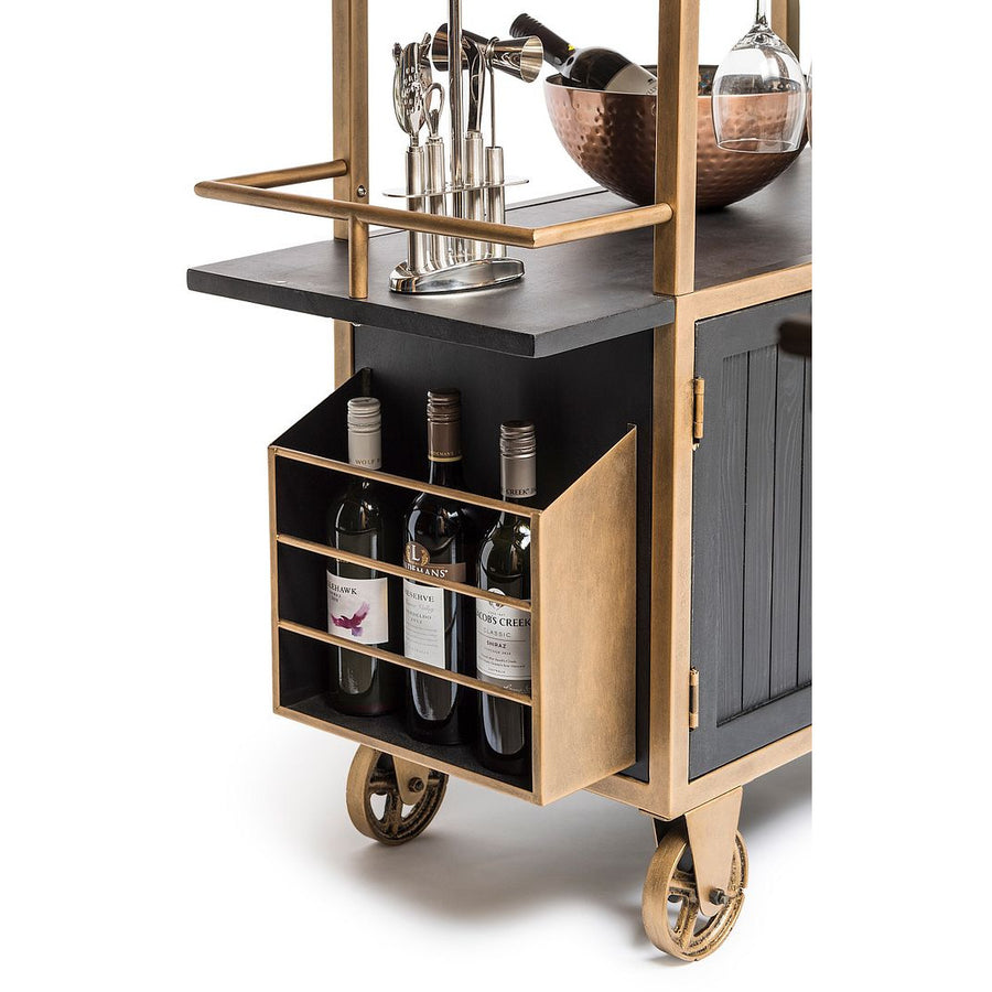 French Brass and Black Drinks Trolley Bar Cart with Bottle Rack Storage