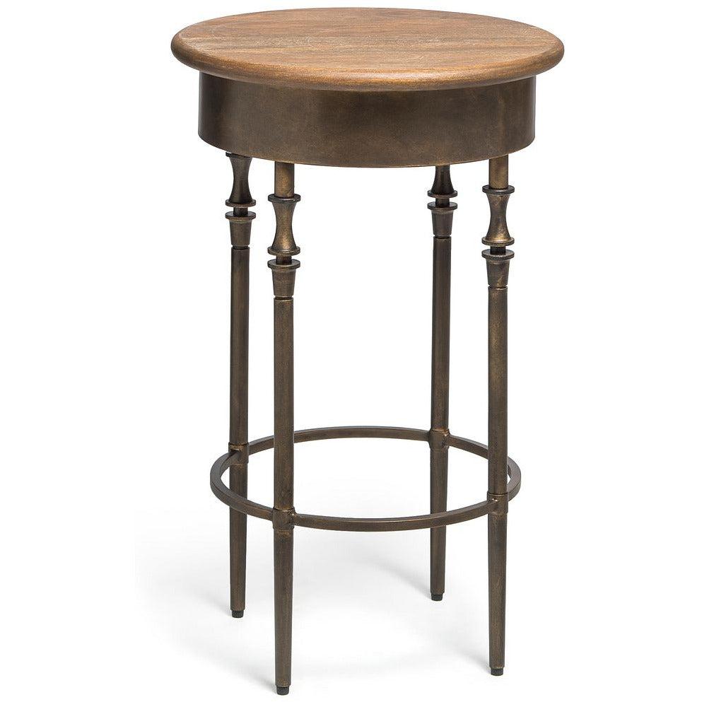 Wooden Round Side Table with Finial Legs in Dark French Brass Finish