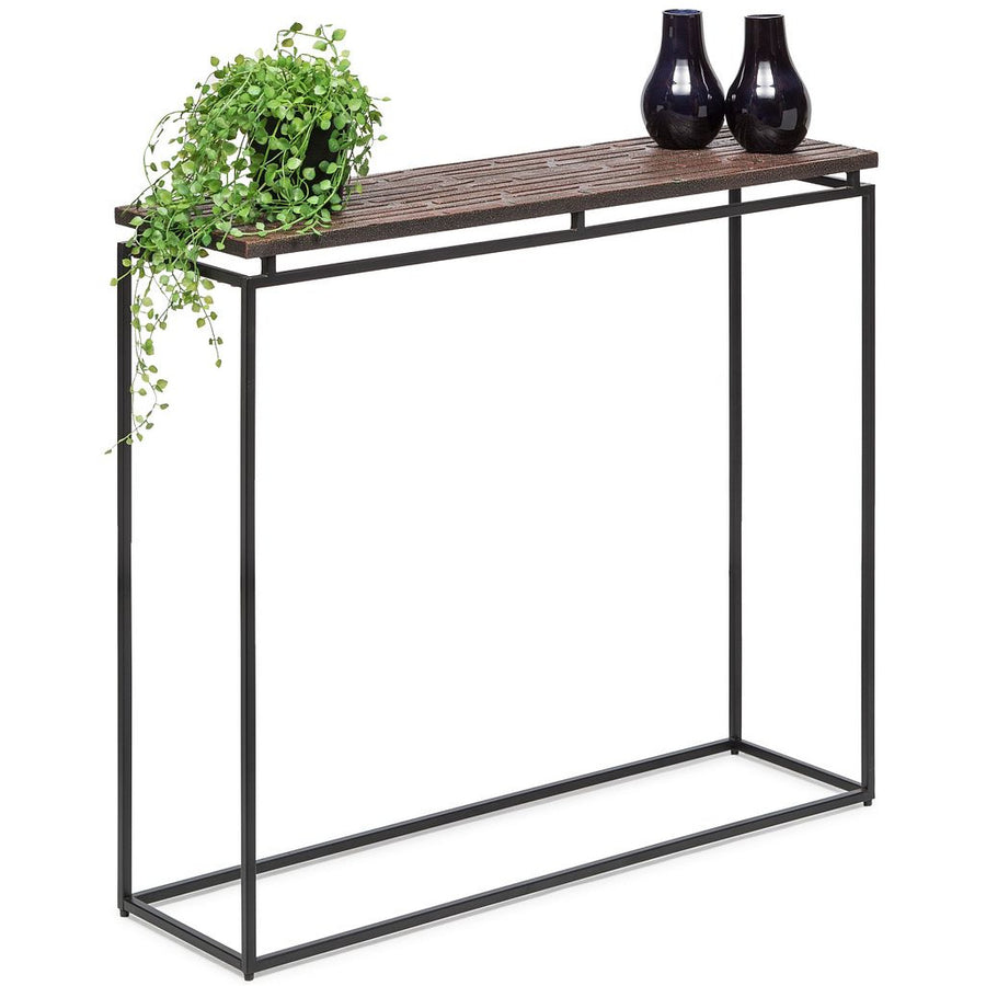 Modern Black Narrow Hallway Console Table with Copper Textured Wood Top