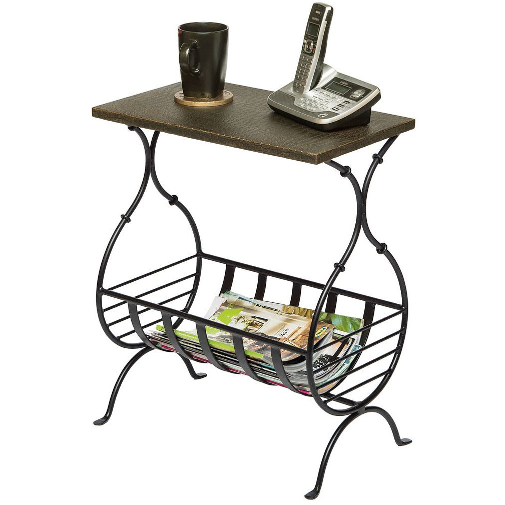 Black Iron Narrow Side Table with Magazine Storage and Gold Finish Top