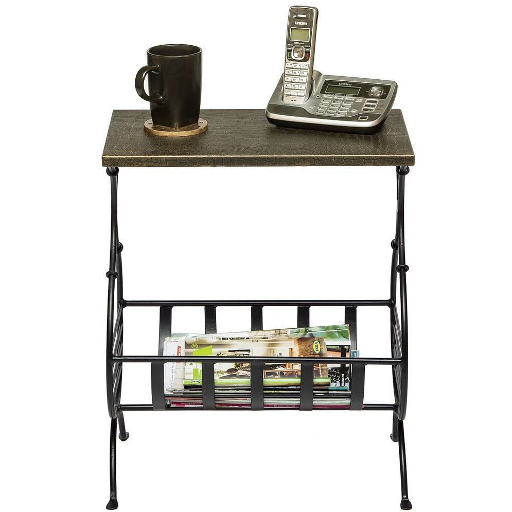 Black Iron Narrow Side Table with Magazine Storage and Gold Finish Top