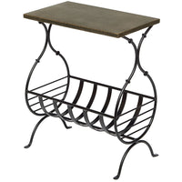 Black Iron Narrow Side Table with Magazine Storage and Gold Finish Top