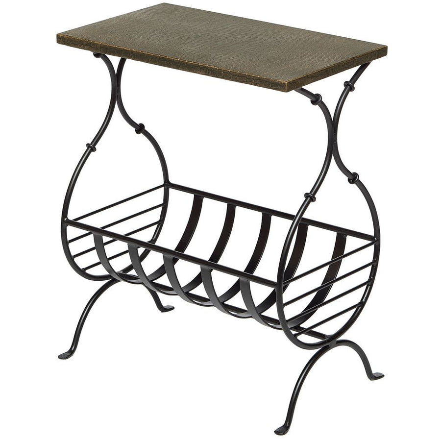 Black Iron Narrow Side Table with Magazine Storage and Gold Finish Top