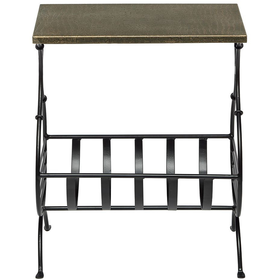 Black Iron Narrow Side Table with Magazine Storage and Gold Finish Top