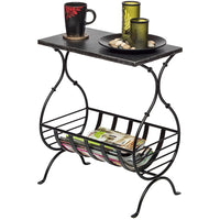 Black Iron Side Table with Magazine Storage and Silver Finish Top