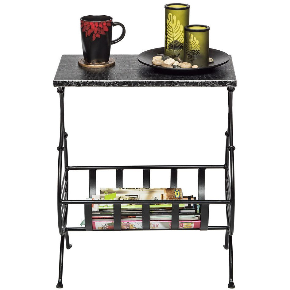 Black Iron Side Table with Magazine Storage and Silver Finish Top