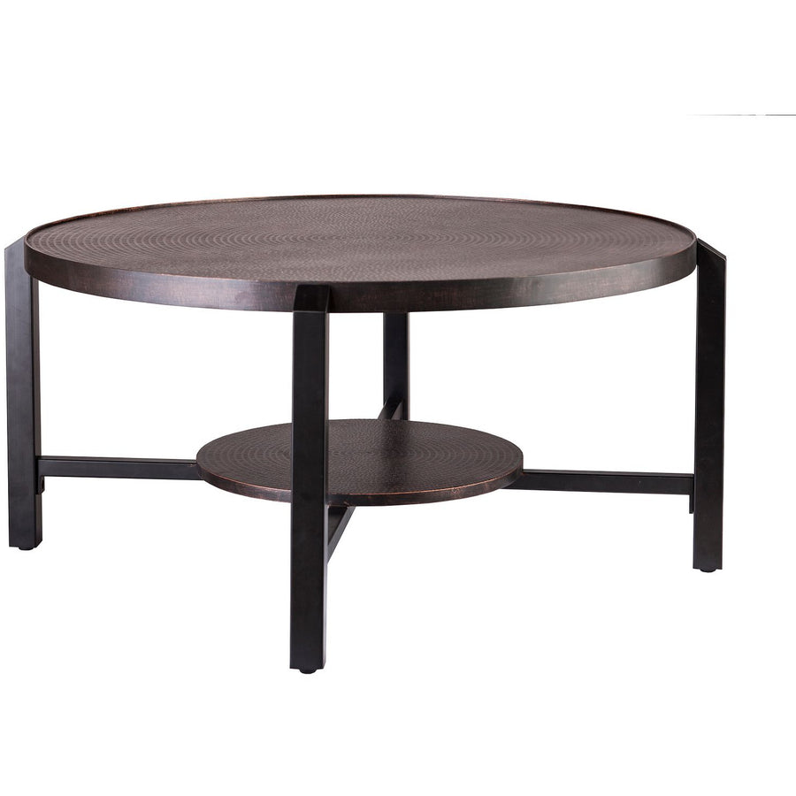 Black Round Coffee Table with Storage Shelf in Copper Finish Top