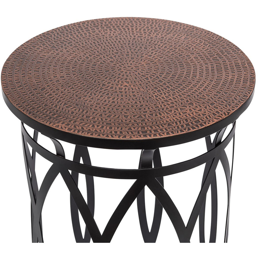 Black Round Iron Side Table with Cross Legs and Copper Finish Top