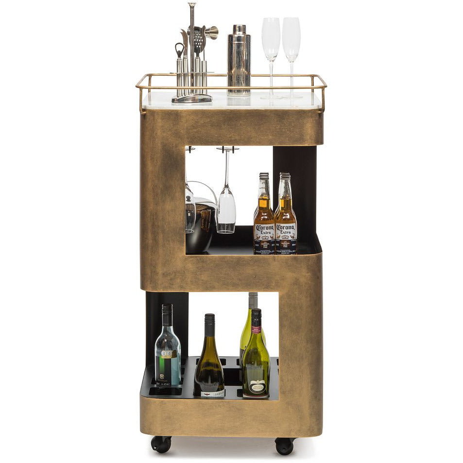 Contemporary French Brass Drinks Trolley Bar Cart with White Marble Top