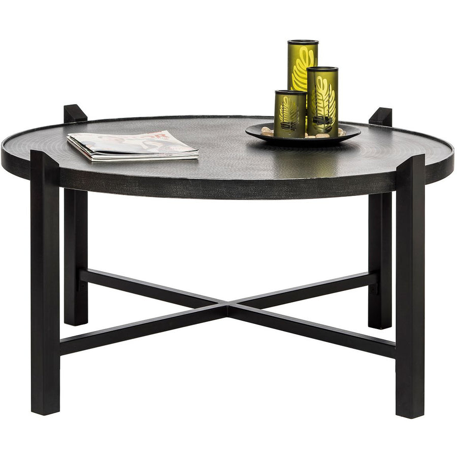 Modern Black Round Coffee Table with Silver Finish Engraved Top