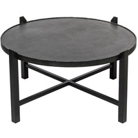 Modern Black Round Coffee Table with Silver Finish Engraved Top