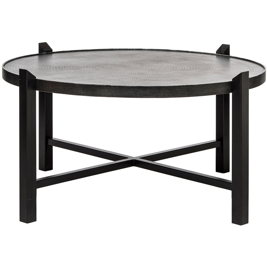 Modern Black Round Coffee Table with Silver Finish Engraved Top