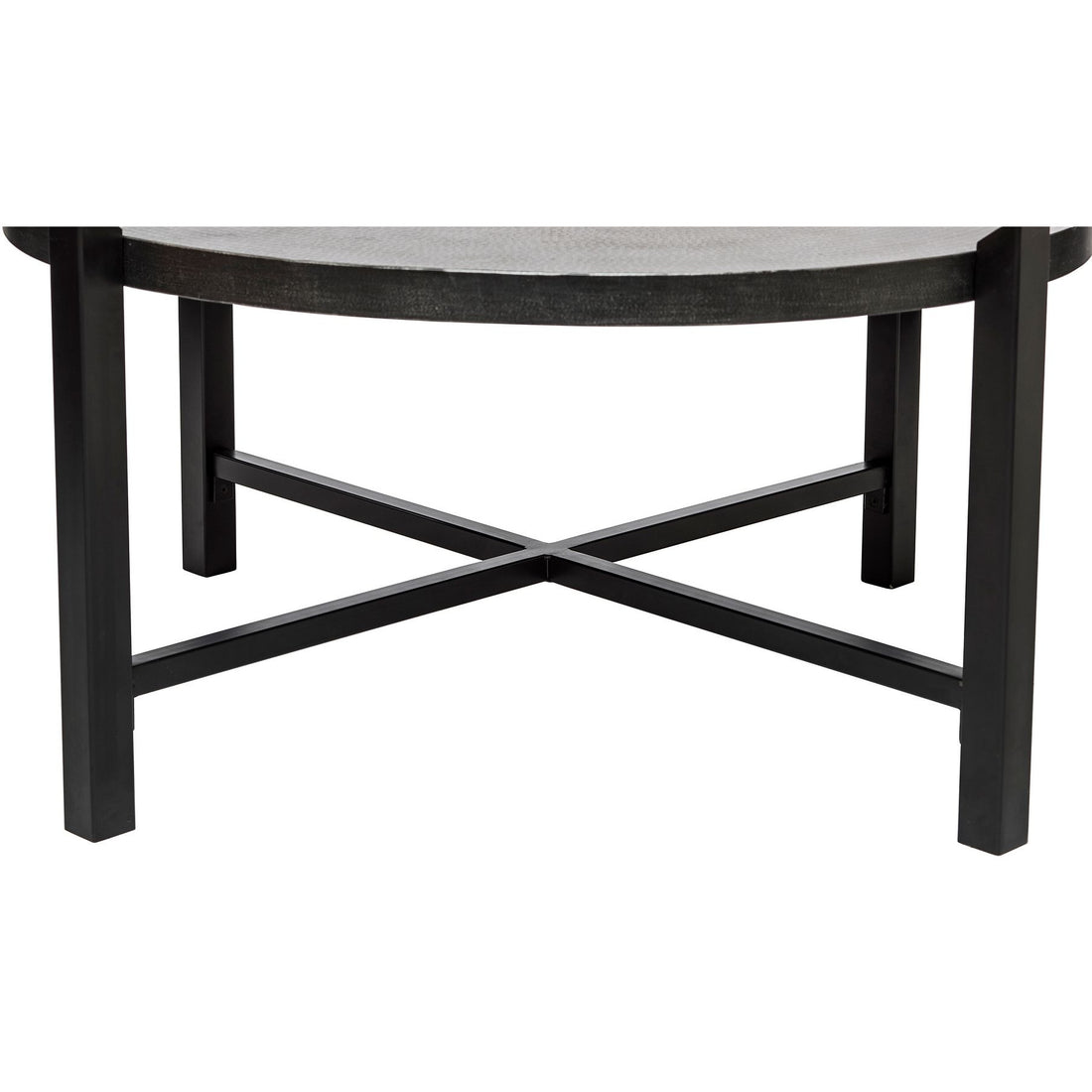 Modern Black Round Coffee Table with Silver Finish Engraved Top