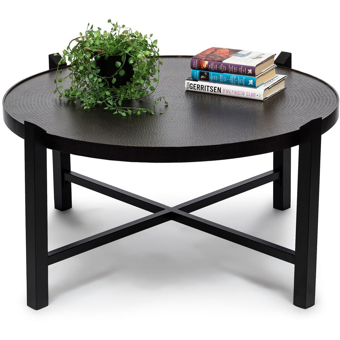 Modern Black Round Coffee Table with Copper Finish Engraved Top