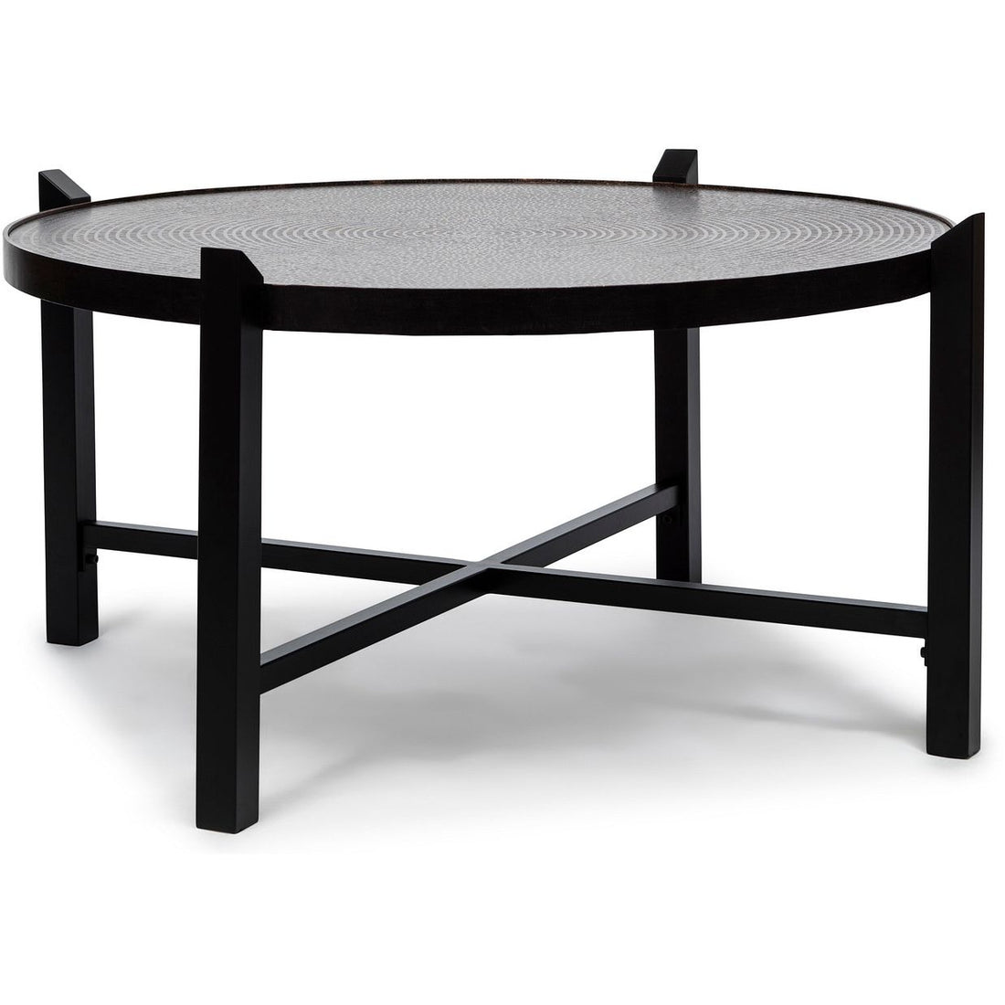 Modern Black Round Coffee Table with Copper Finish Engraved Top