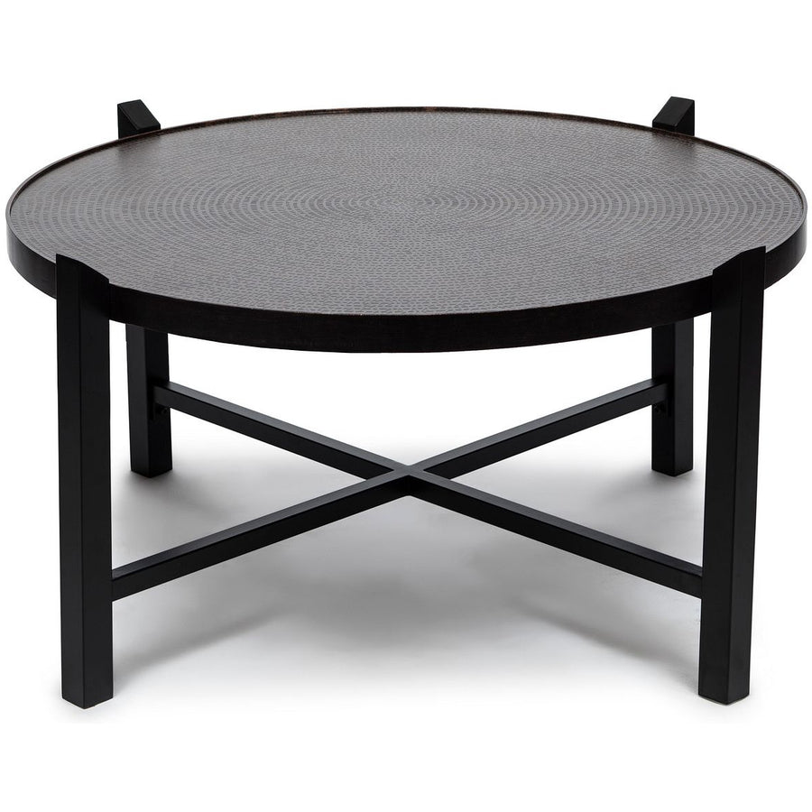 Modern Black Round Coffee Table with Copper Finish Engraved Top