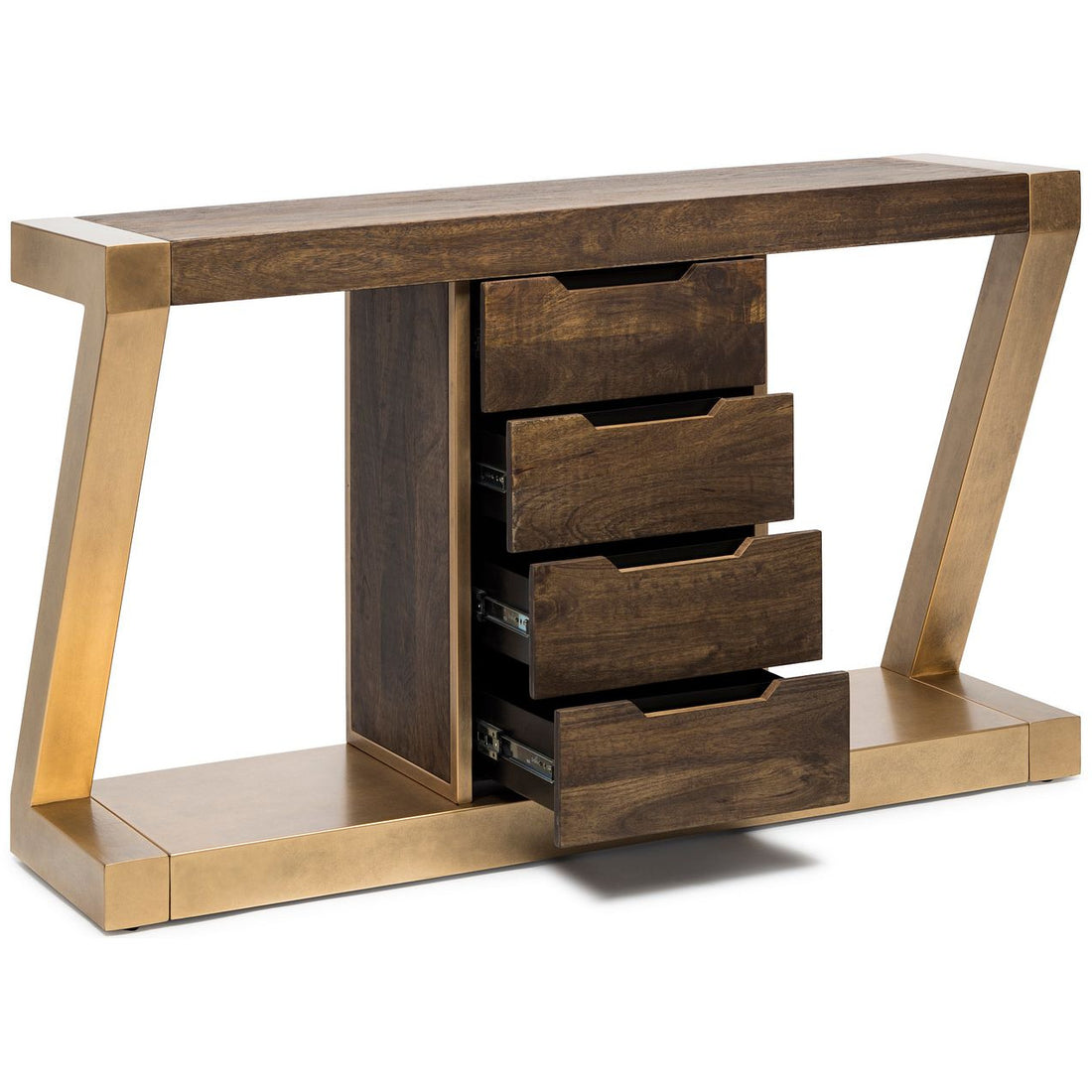 Contemporary Brass Wooden Z-Shaped Hallway Console Table with Drawers