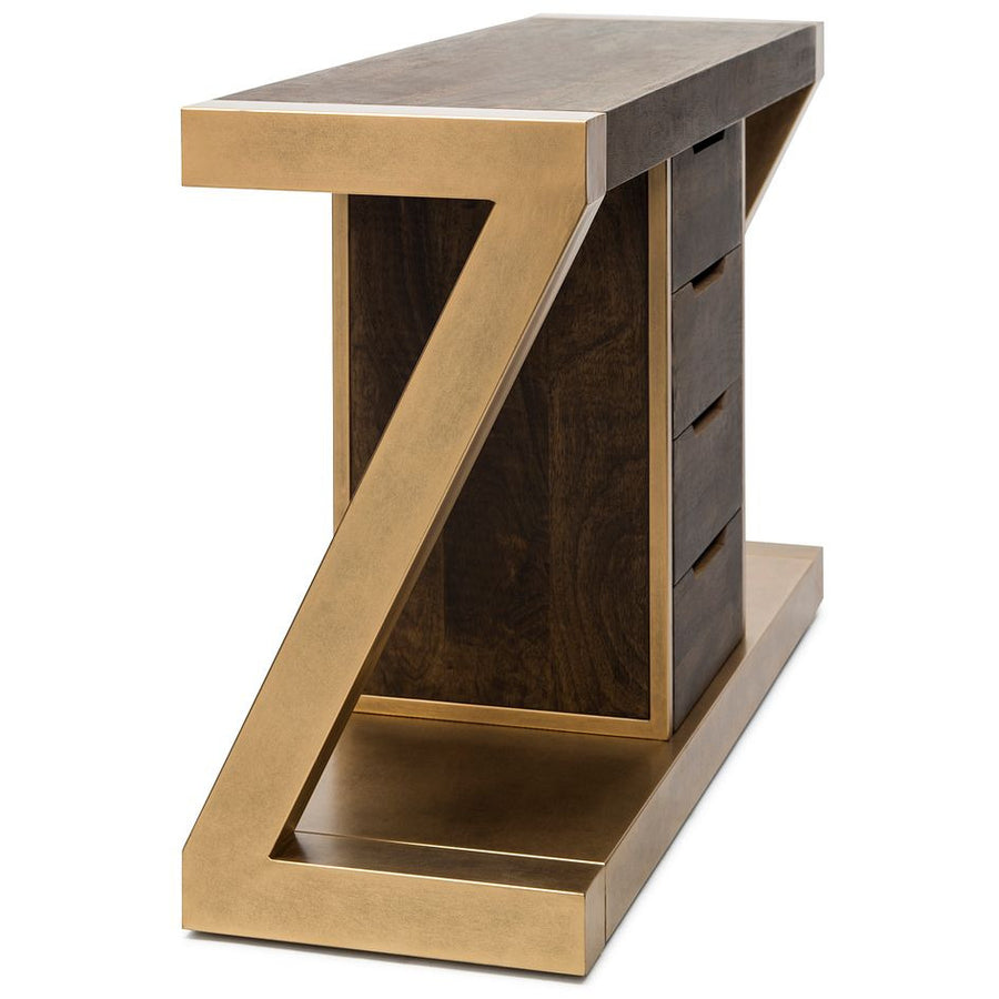 Contemporary Brass Wooden Z-Shaped Hallway Console Table with Drawers