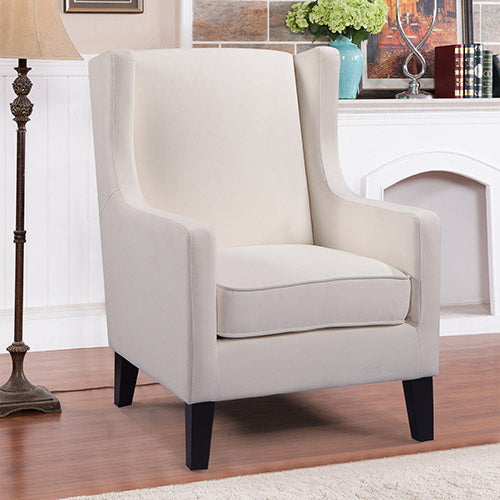 Armchair in Cream Colour Upholstered Fabric with Wooden leg