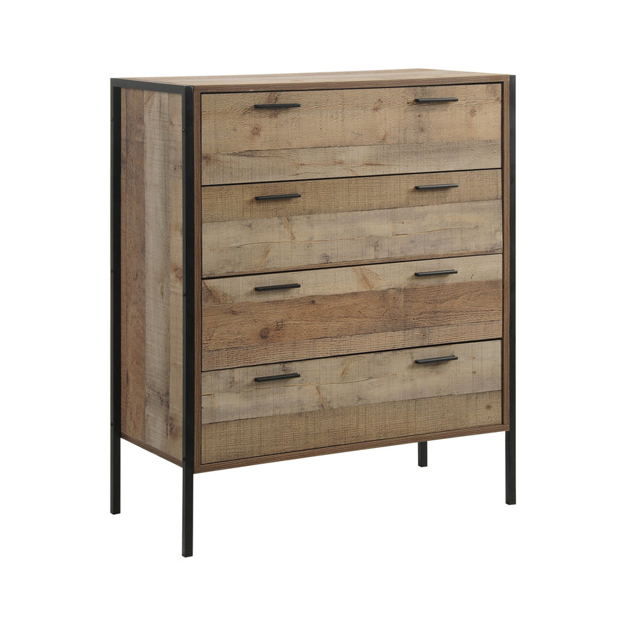 4 Piece Storage Bedroom Queen Suite Natural Wood with Metal Legs - Bed, Bedside Table & Tallboy
