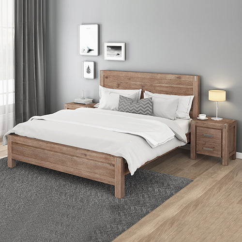 4 Piece Bedroom King Suite in Solid Acacia Wood Veneered - Bed, Bedside Table & Tallboy