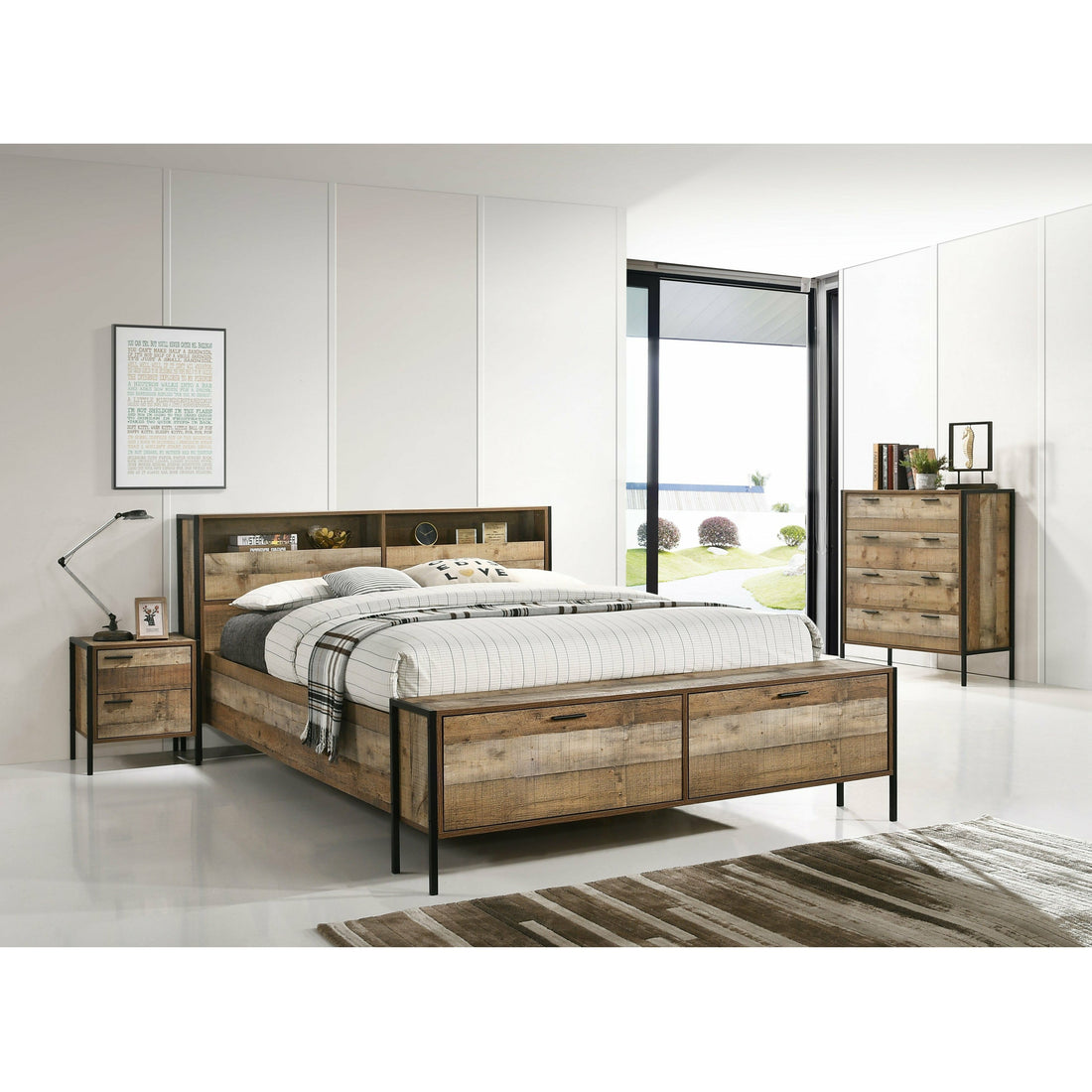 Oak Bed Frame with Storage Metal Legs - Queen