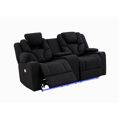 2 Seater Fabric Lounge Set Electric Recliner with LED Features - Black