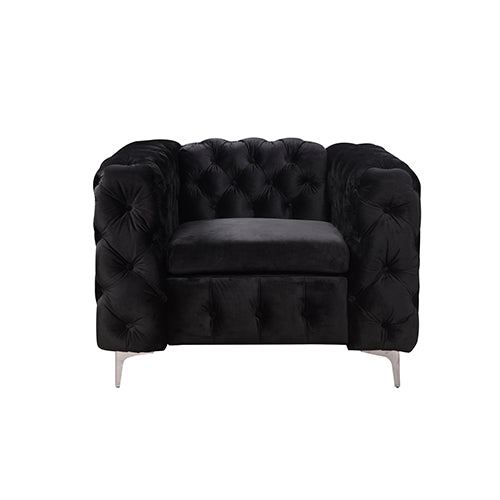 Single Seater Black Sofa Classic Armchair Button Tufted in Velvet Fabric with Metal Legs