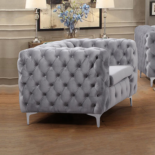 Single Seater Grey Sofa Classic Armchair Button Tufted in Velvet Fabric with Metal Legs