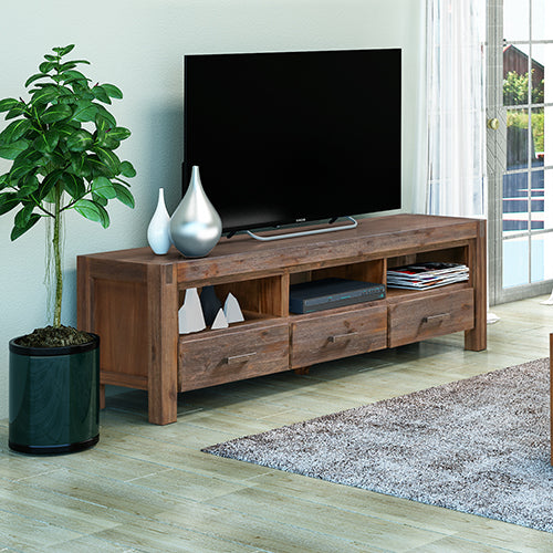 Entertainment Unit with 3 Storage Drawers and Shelf Acacia Wooden Frame