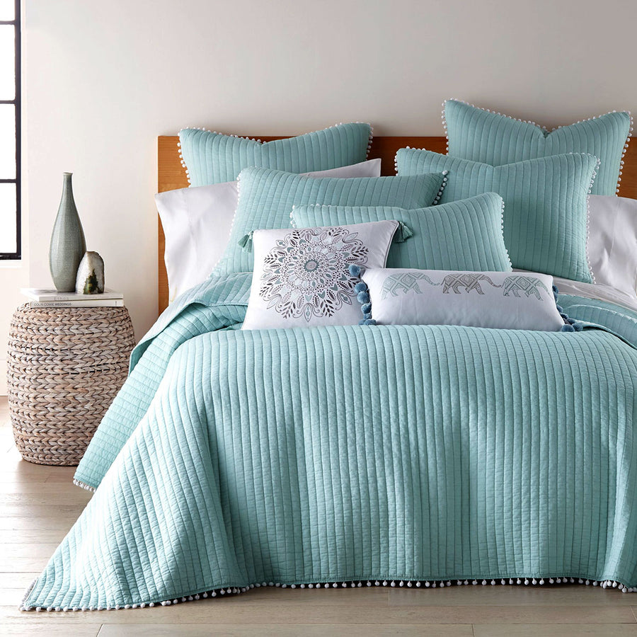 Clavo Pompom Blue 3 Piece 100% Cotton Coverlet Set Queen