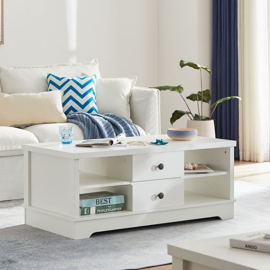 White Coastal Style Coffee Table with Drawers