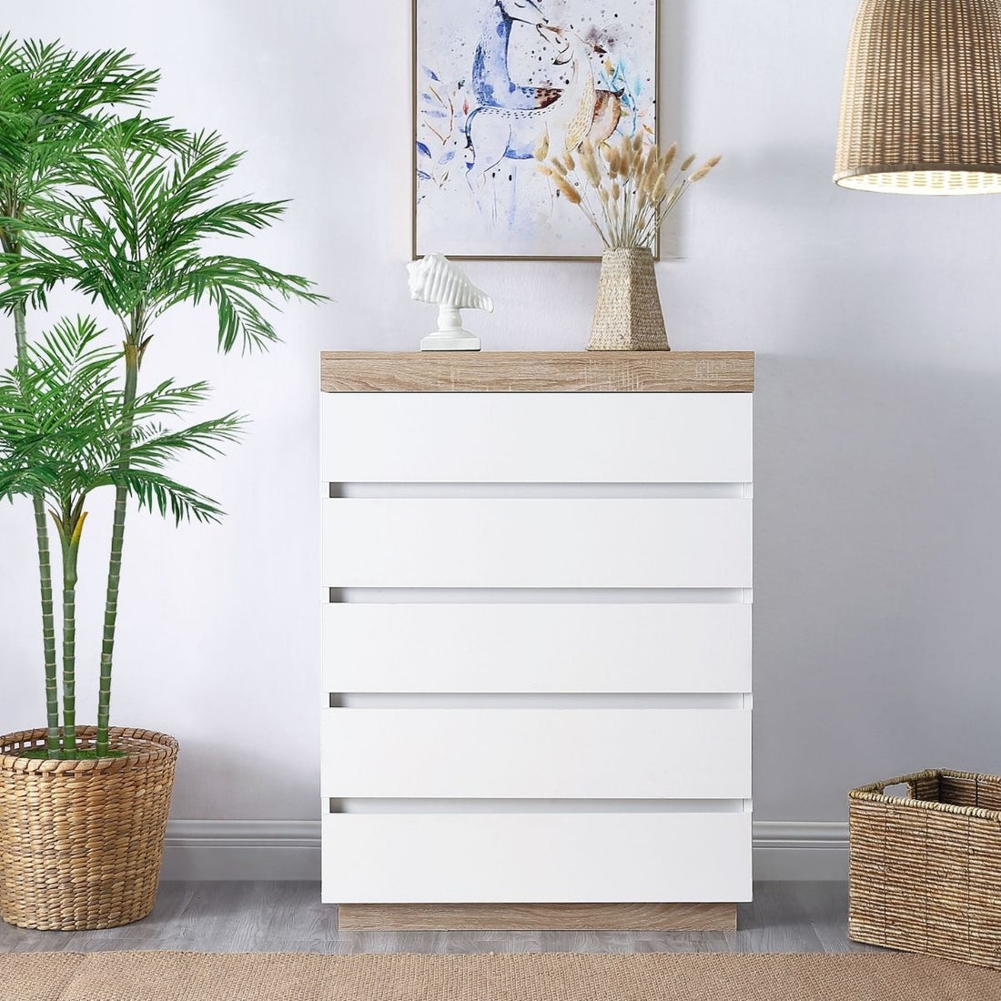 Coastal White Wooden Chest of 5 Drawers Tallboy