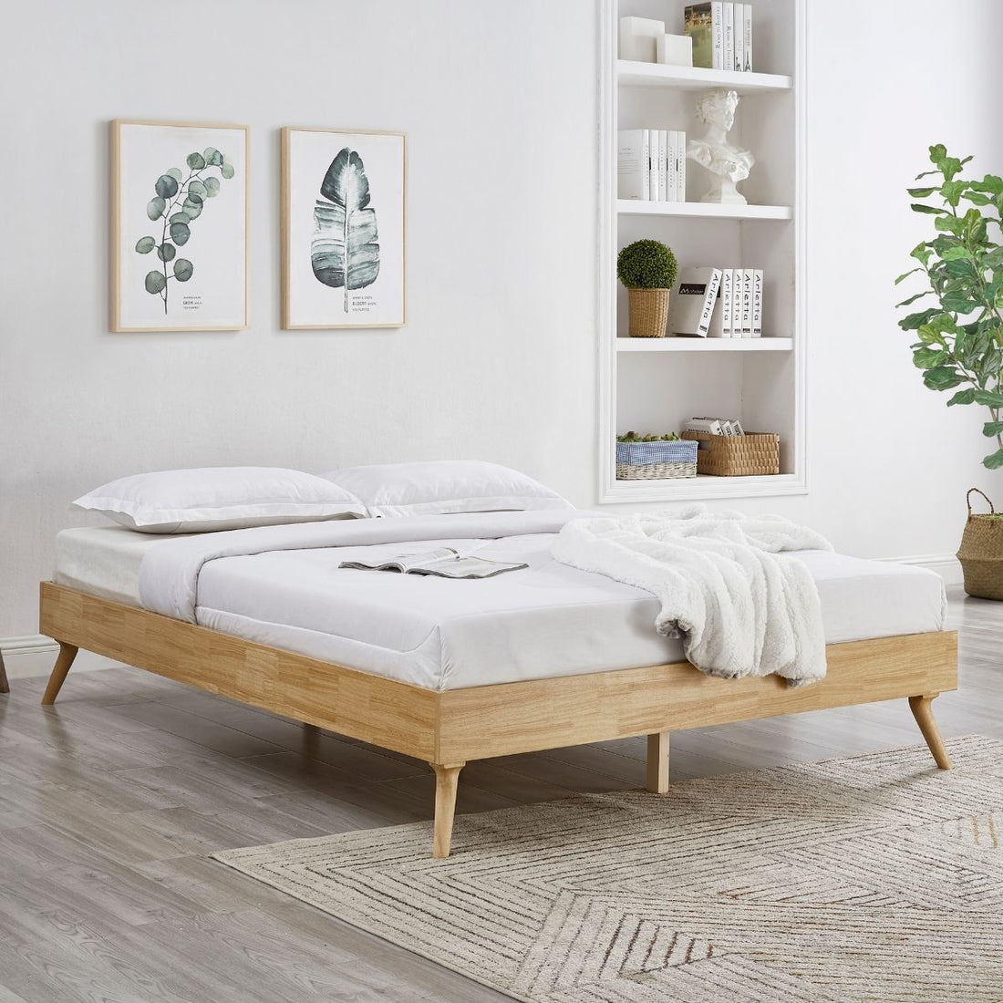Natural Oak Ensemble Bed Frame Wooden Slat - Double