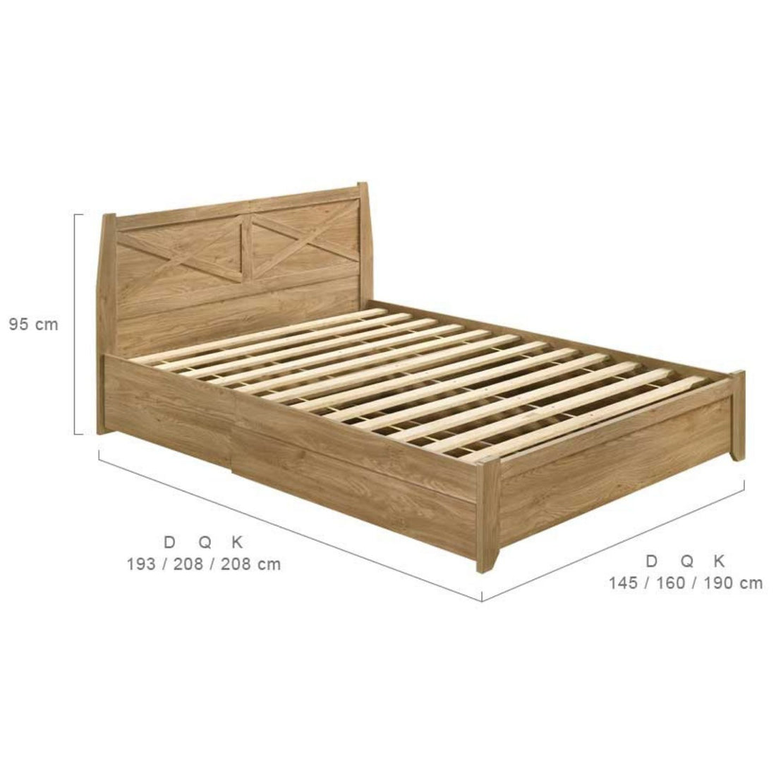 Natural Wooden Bed Frame with Storage Drawers - Double