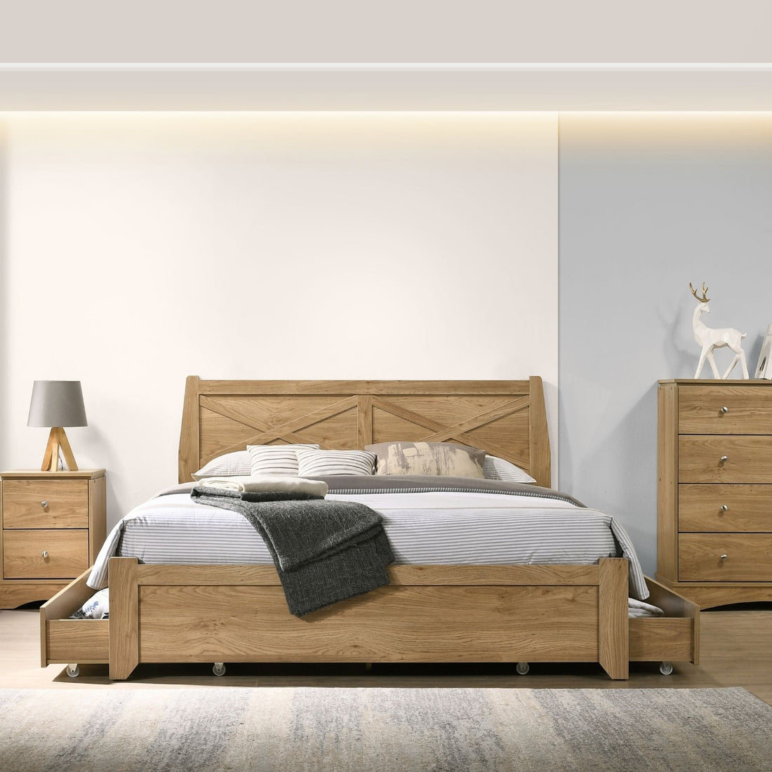 Natural Wooden Bed Frame with Storage Drawers - King
