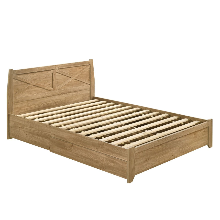 Natural Wooden Bed Frame with Storage Drawers - Queen