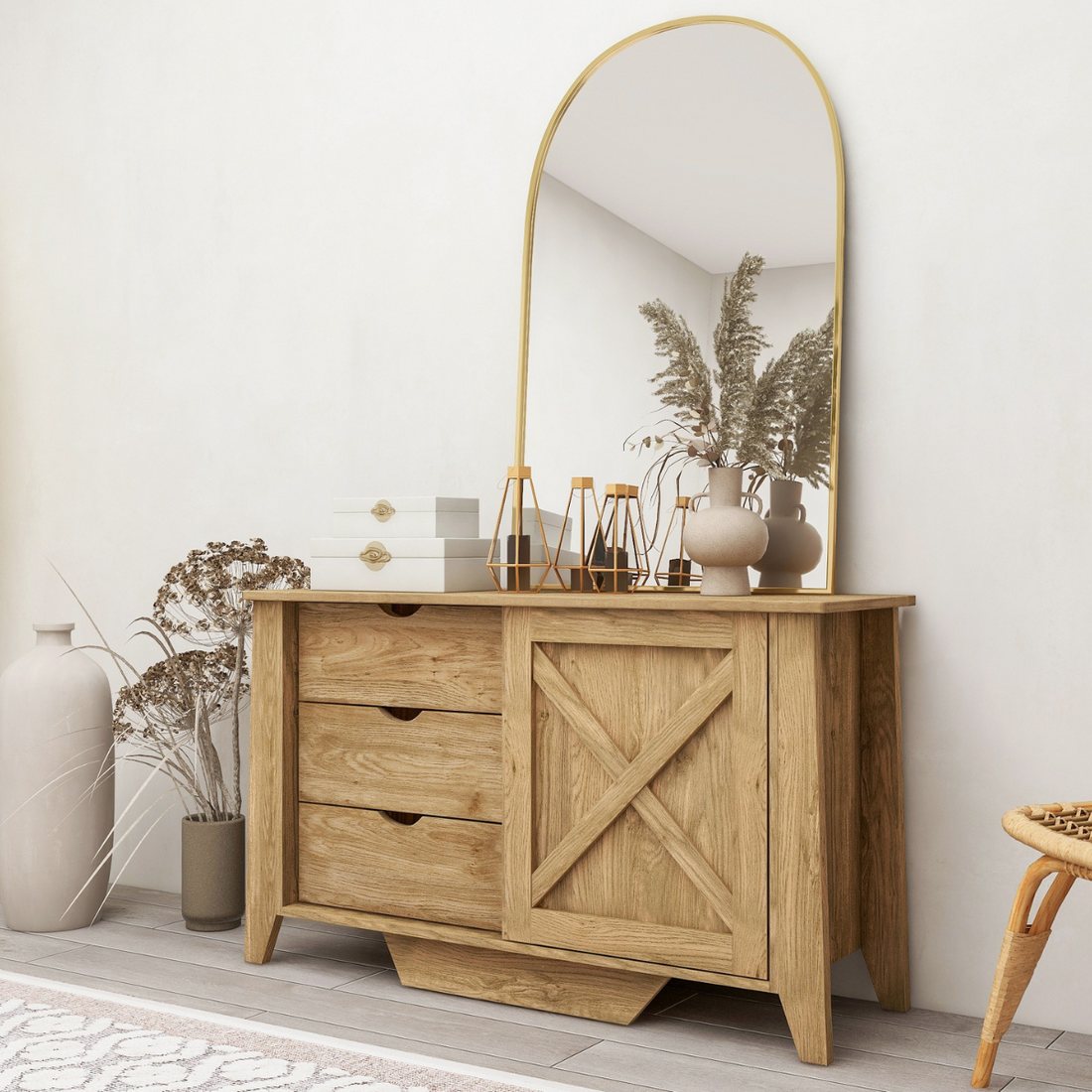 Wooden Sliding door Sideboard with 3 Drawers