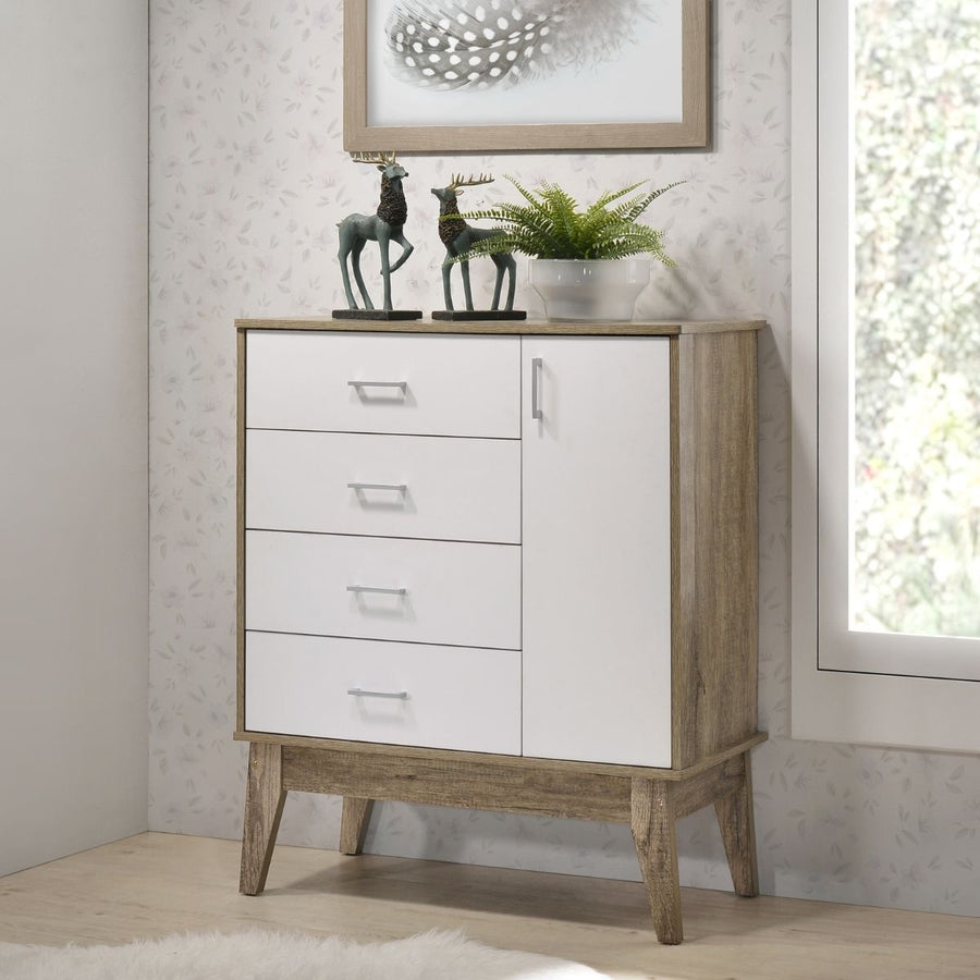 White Retro Tallboy 4 Chest of Drawers